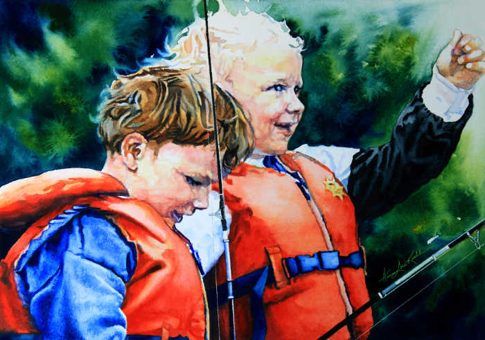 watercolor portrait of two children fishing