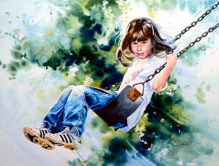 portrait painting of a girl on a swing