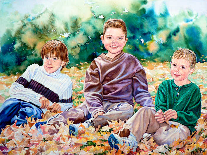 painting of three childen in autumn leaves