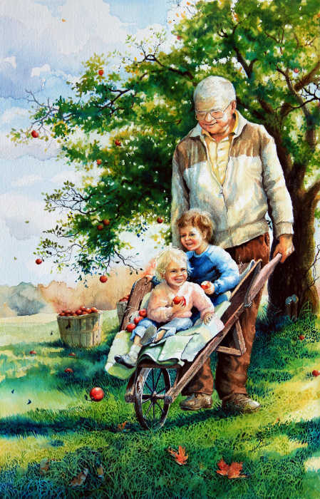 painting of Grandfather giving grandchildren a wheelbarrow ride
