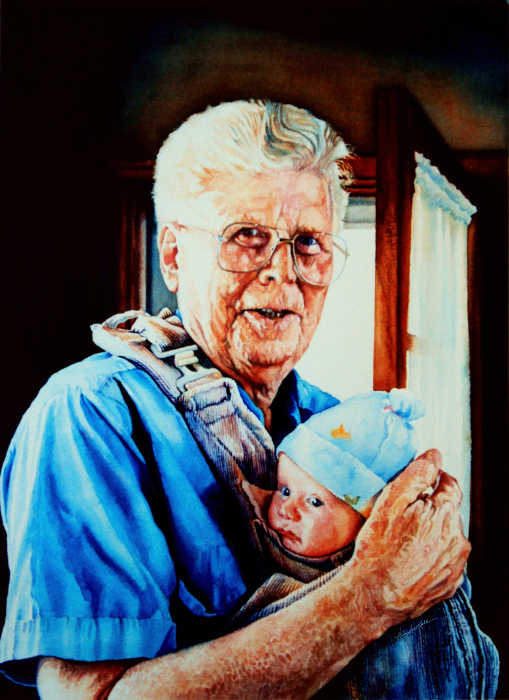 Family portrait painting of grandfather holding baby