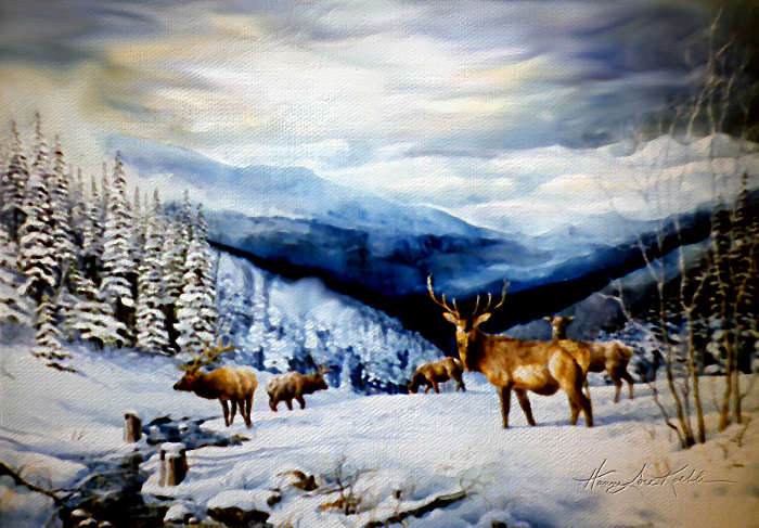 painting of elk in the Rocky Mountains