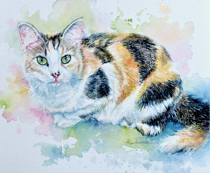 calico cat portrait watercolor by Hanne Lore Koehler