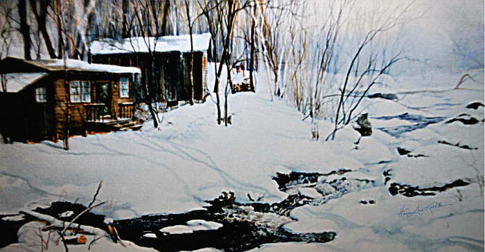 Painting of winter cabin in Maine woods