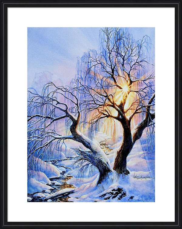 Painting of winter weeping willow creek sunset