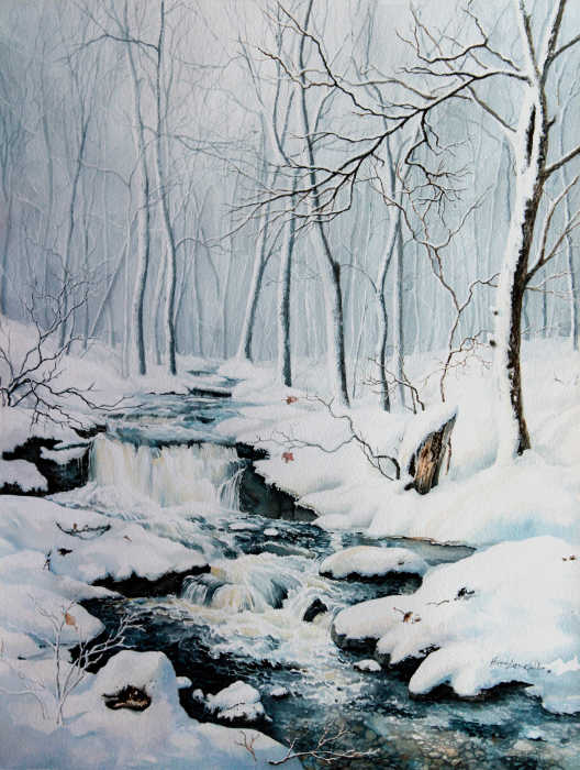 Painting Of A Winter Creek In The Woods