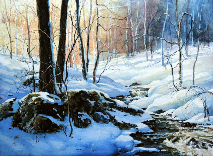 Painting Of Winter Woods Creek Sunset