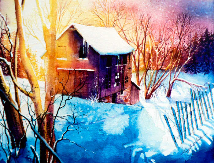 Winter Barn Sunset Landscape Painting