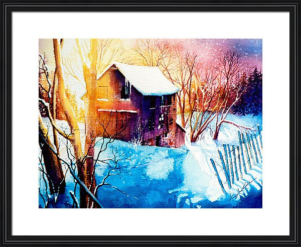 Winter Barn Sunset Landscape Painting