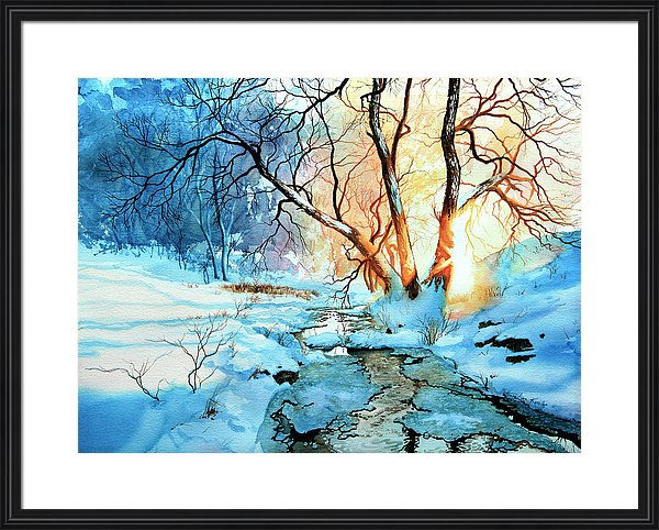 winter sunset through trees painting