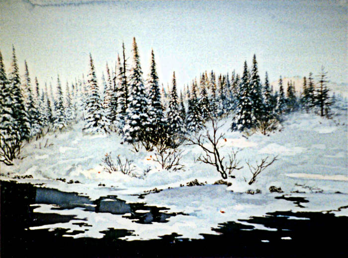 winter lake sunset on snow-covered evergreen trees painting