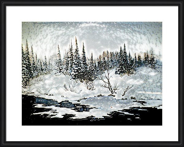 winter lake sunset on snow-covered trees painting