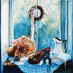 violin and porcelain still life painting