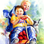 painting of boys with little red wagon