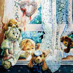teddy bears on window sill painting