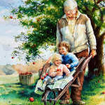 painting of grandfather pushing grandchildren in wheelbarrow