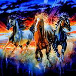 painting of wild horses running at sunset