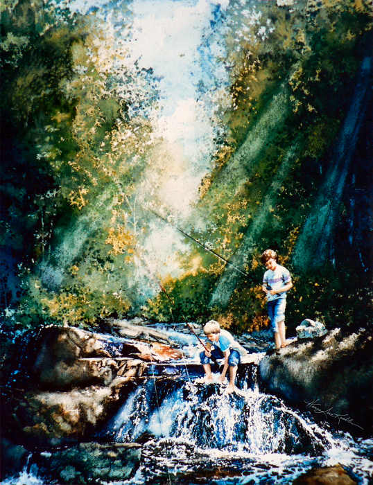 painting of boys fishing in a creek