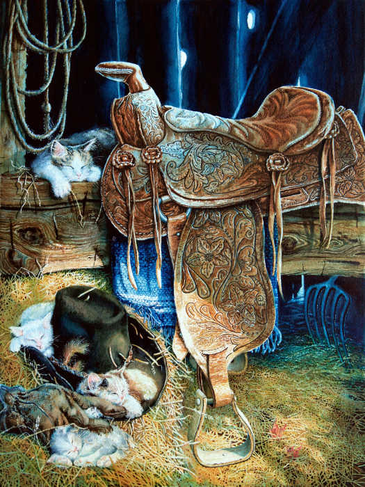 still life painting of saddle in barn