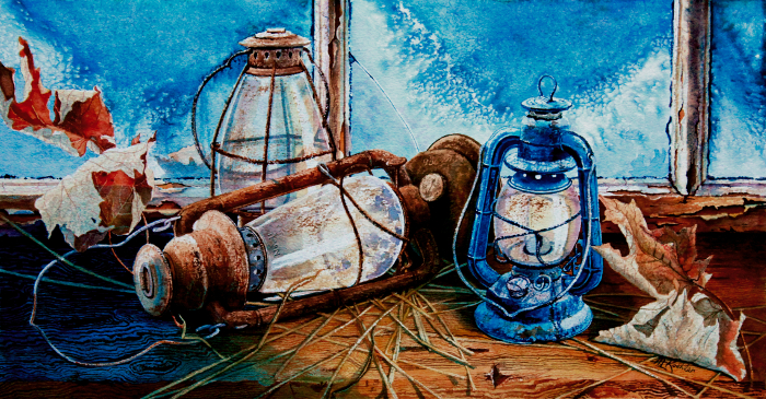 still life painting of hurricane lanterns