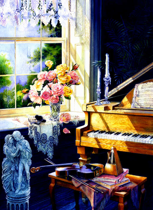 still life painting of ice skates hanging in window