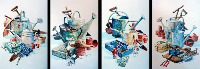 still life paintings of garden tools