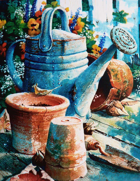 garden still life painting of watering can and claypots