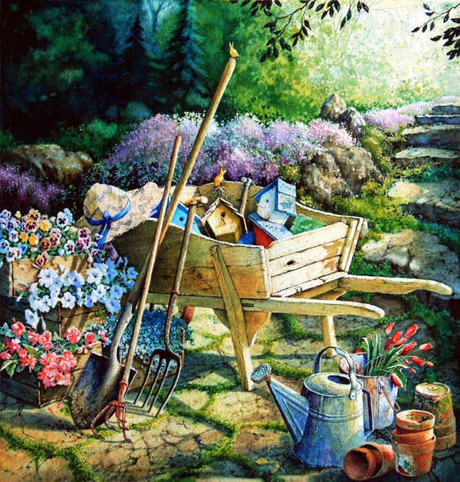 garden painting of wheelbarrow and flowers