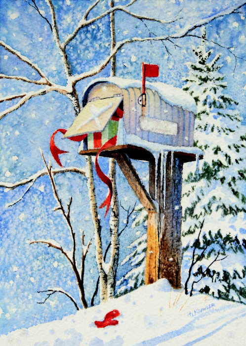 still life painting of country mailbox in winter