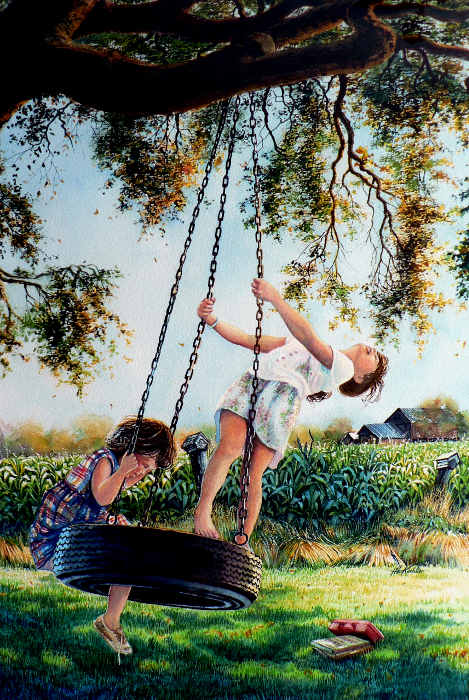 painting of children playing on a tire swing