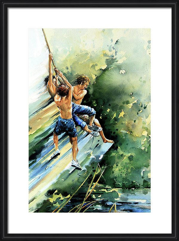 painting of boys jumping into a lake