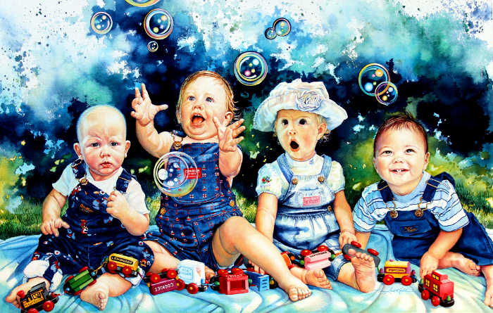 painting of four baby portraits