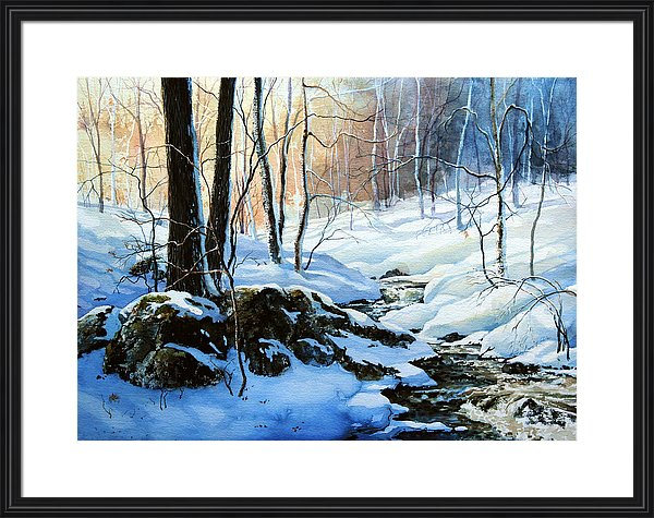 Painting Of Winter Woods Creek Sunset