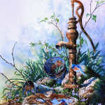 painting of pring garden water pump with bluebirds