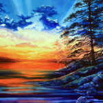 vibrant lake sunset painting