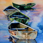 misty morning maritime row boat painting