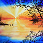 colorful sunset lake reflections painting