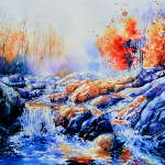 misty autumn woods creek waterfall painting
