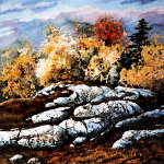 painting of colorful Canadian autumn trees and rocks