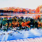 Painting of autumn woods reflecting in lake