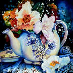 painting of flowers in a teapot on lace doily