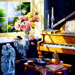 painting of piano violin and figurines in farmhouse window