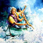 explorers in a canoe on white water river