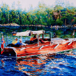 portrait of a woody lake cruiser motor boat