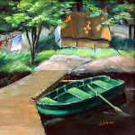 painting of row boat tied to dock