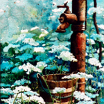 painting of garden water pump with queen anne's lace