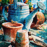 painting of garden tools watering can clay pots