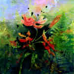 impressionistic painting of poppies and ferns in the garden