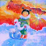 child painting of child playing with dog in snow