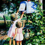 painting of girls mailing a letter to grandma